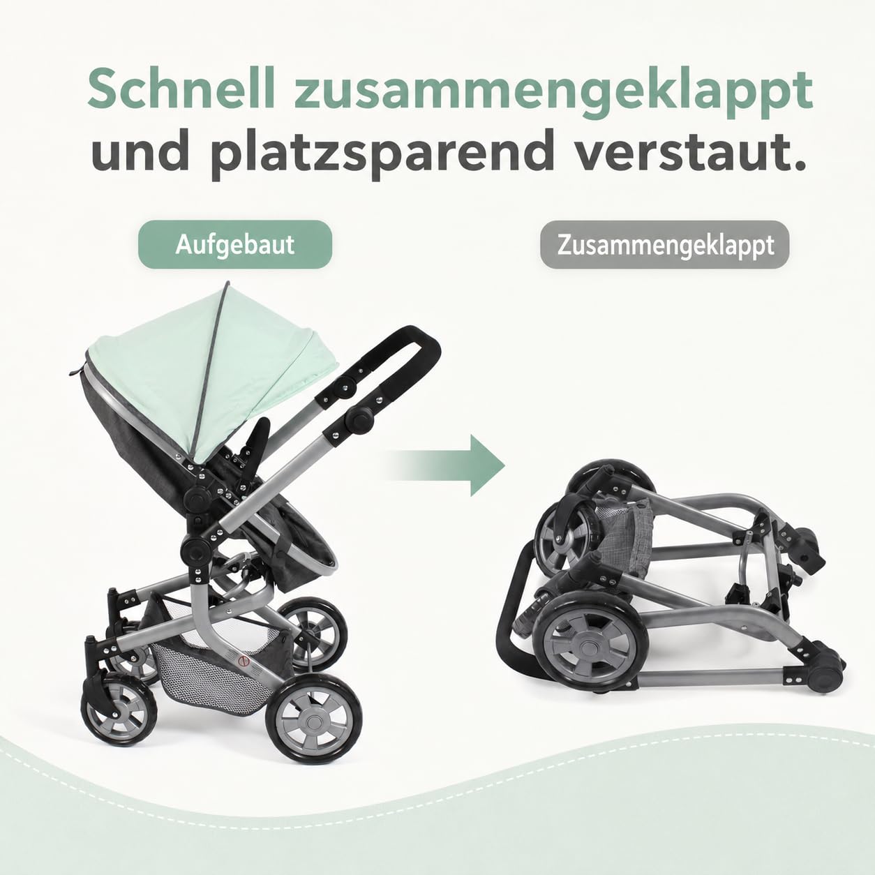 Bayer Chic 2000® Wózek dla lalek Mika 2 w 1, miętowy, składany, z regulacją wysokości 47-80 cm, nowoczesny stelaż, lalki do 52 cm, 4-8 J.