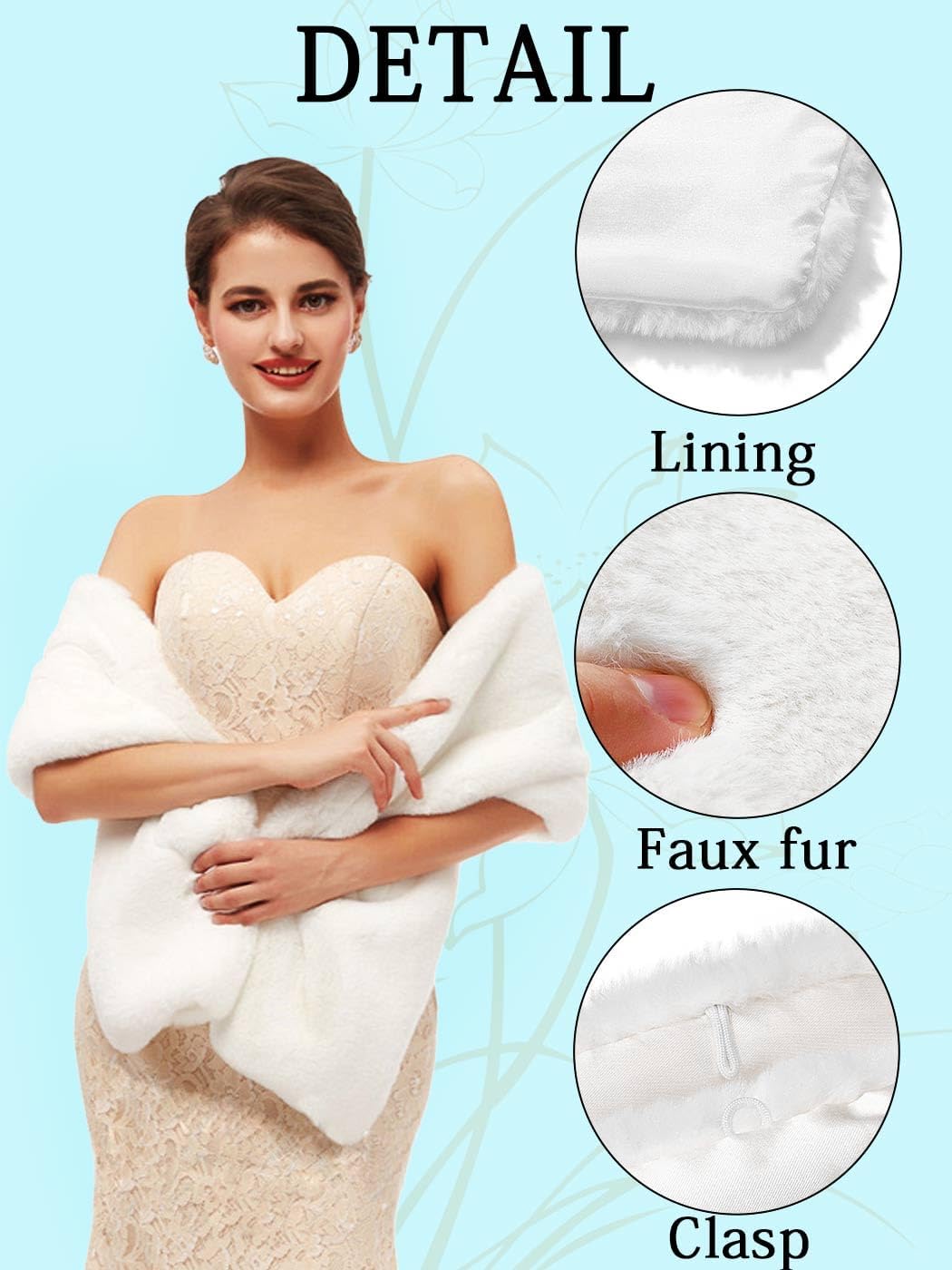 Women's 1920s Wedding Faux Fur Shawls and Wraps Bridal Winter Fur Stoles Scarfs with Brooch for Bride - Image 4