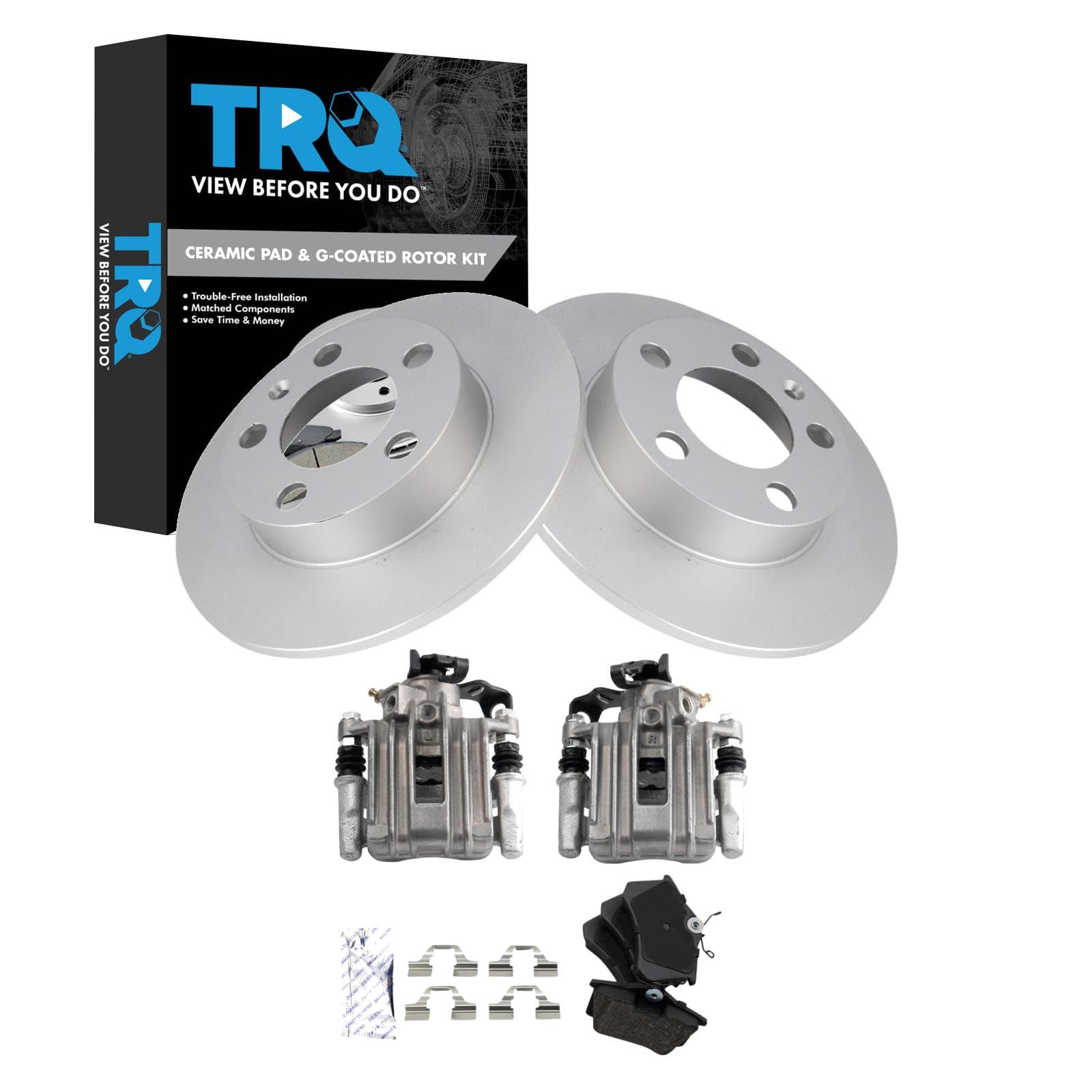TRQ Rear Brake Pad and Rotor Set Ceramic G Coated Rotors Calipers Compatible with 2002-2006 Audi TT TT Quattro 1999-2008 Volkswagen Beetle 1999-2006 Golf