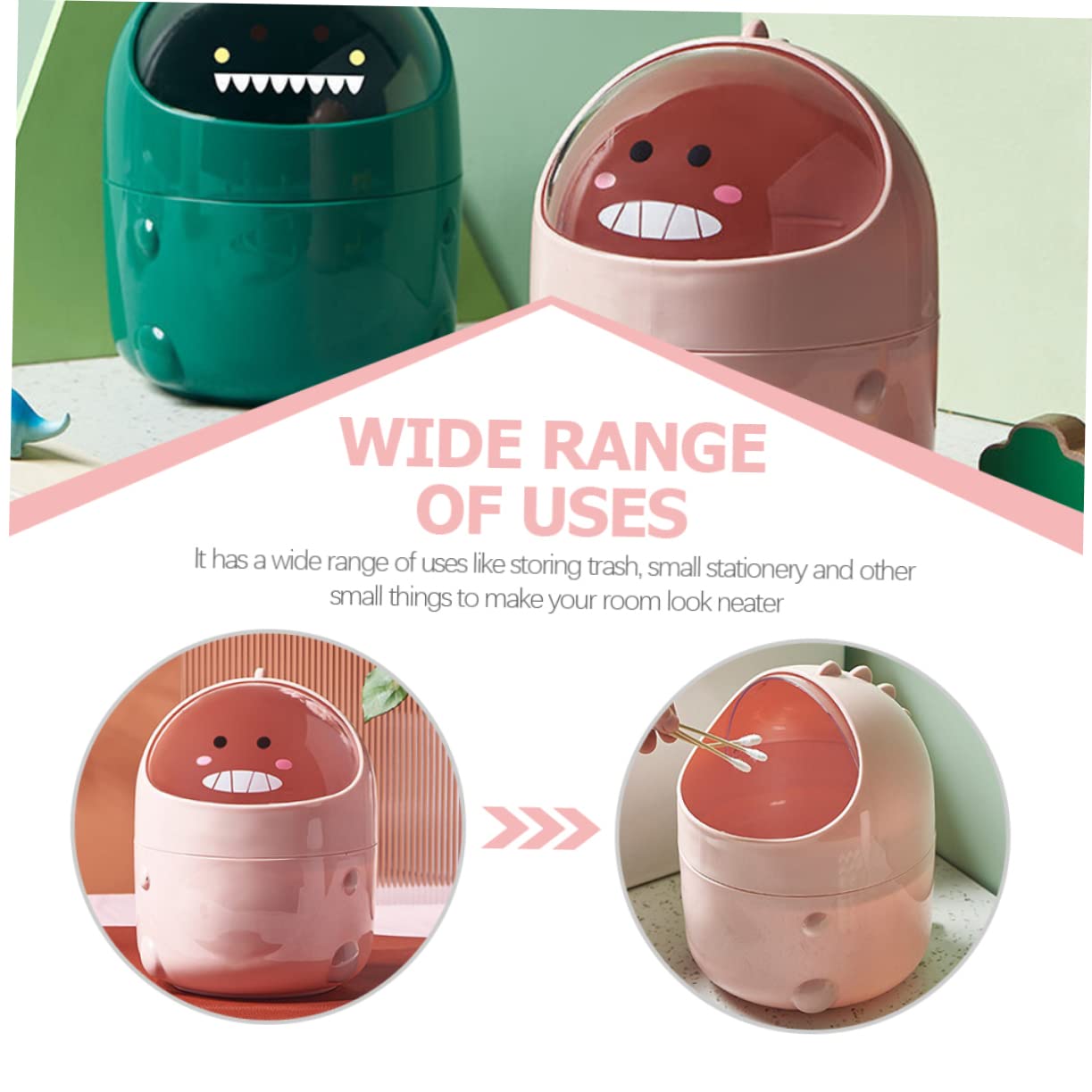 Mini Desktop Trash Can with Flip Lid Cute Cartoon Dinosaur Design for Home and Office Small Garbage Storage Bin for Wastepaper Tissues and Small Trash Rooms Bathrooms and Crafts
