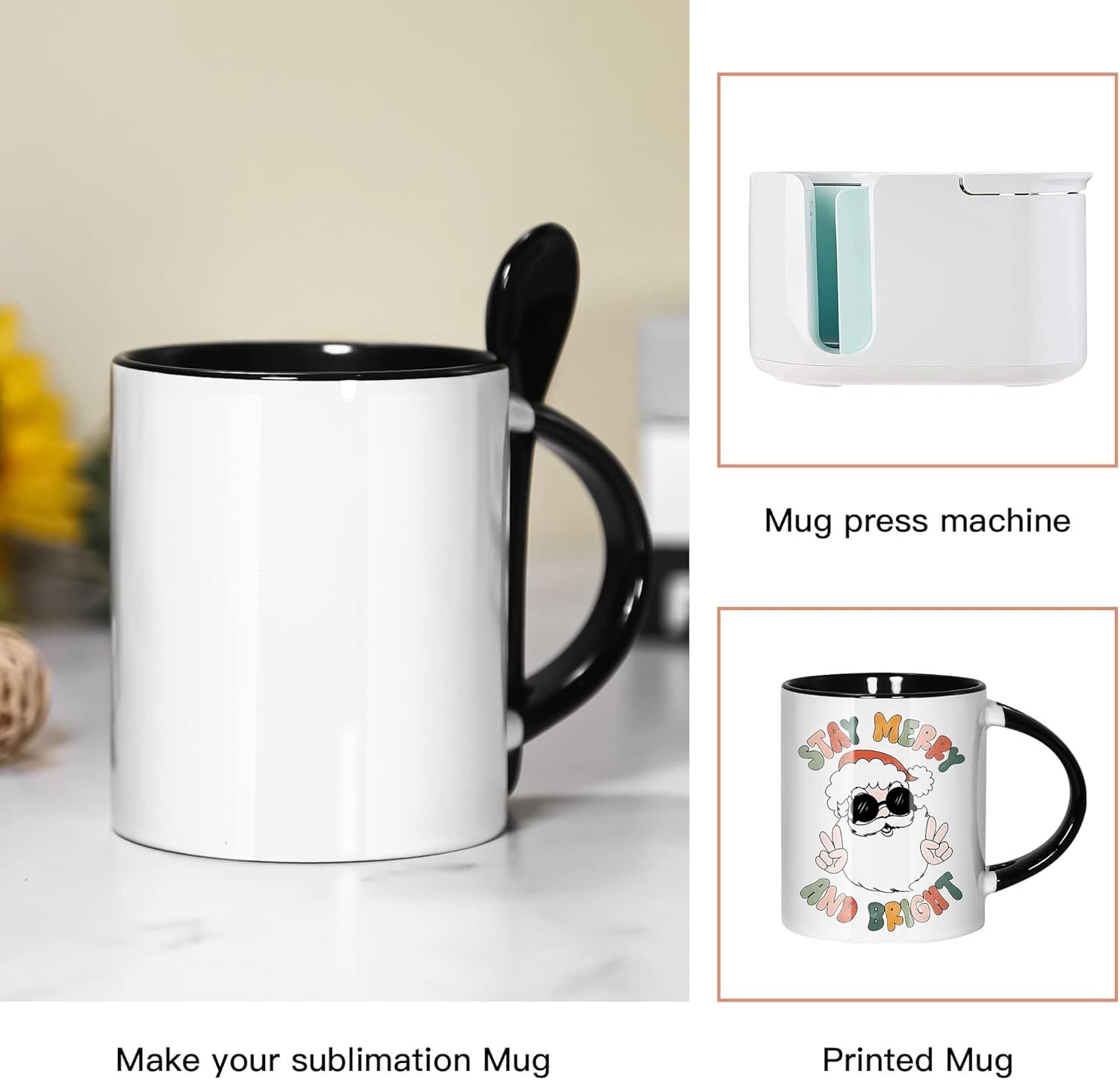 AGH Sublimation Coffee Mugs Blank 11 oz, White Straight Ceramic Cups with Black Interior, Handle, Spoon, Bulk Bundle Set of 12 - Image 3