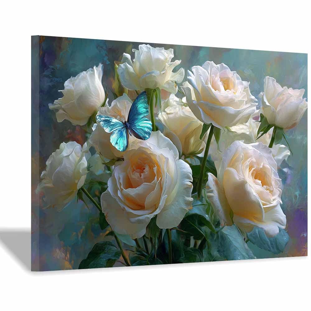 ZAMAEIU Landscape Canvas Painting butterflys-resting Rosess Wall Decor, Modern Artwork, For Bedroom Living Room Bathroom Home Office Room Decorations(white)-50x70cm Framed