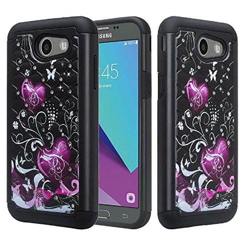 Samsung Galaxy J7 V Case, Galaxy J7 2017 Case, Galaxy J7 Sky Pro Case, Galaxy J7 Perx Case, SOGA [Jewel Gem Series] Diamond Bling Protective Case for Samsung Galaxy J7V 2017 - Black Butterfly Heart