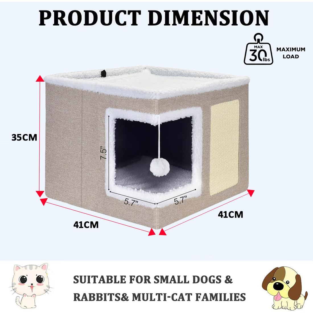 ERNAN Cat Beds,Cat Bed for Indoor Cats Foldable Cat House,Large Soft Cave Bed with Scratching Board for Small Medium Pets (biege, S) - Image 4