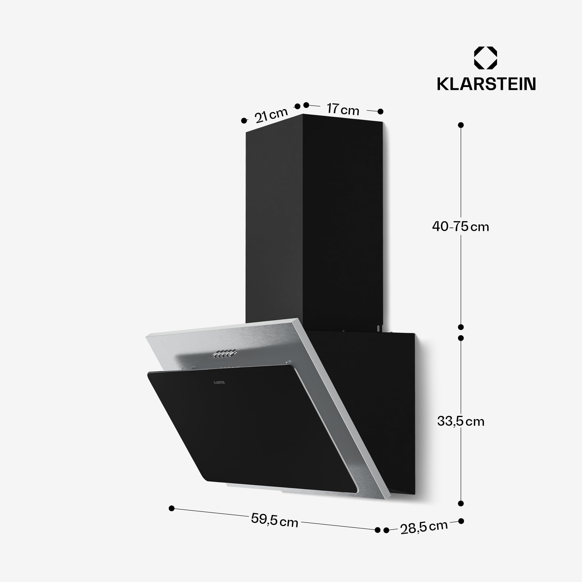 Klarstein Alessia Cappe Inclinate - 60cm Cappa Angolare, 404 m³/h, LED, A+++, 3 Velocità & Boost, Filtro Carbone, Acciaio Inox & Vetro Nero, Aspirante o Ricircolo, Cappa Cucina