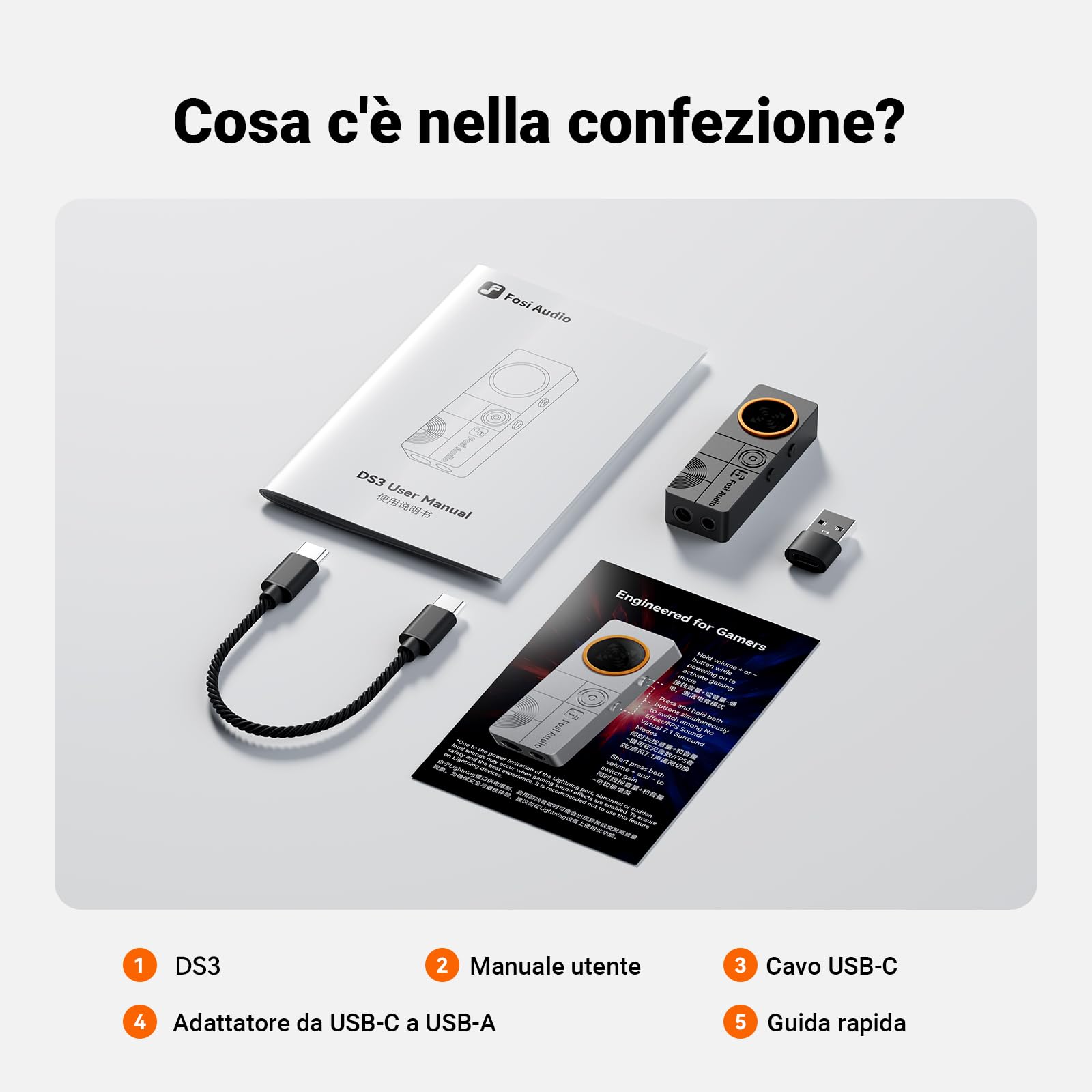 Fosi Audio DS3 USB-C DAC Amplificatore per Cuffie, con Audio Spaziale 7.1 per Gaming, ES9039Q2M XMOS POWERED, DSD512, 3,5 mm Singolo 4,4 mm Bilanciato, per PC/Telefono/PS5/Switch, Nero
