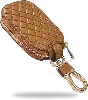 Car Key Case, Universal Key Fob Cover Case, Leather Car Key Smart Keychain Holder Anti Scratch Cover Protector with Zipper and Metal Hook(Brown Plaid)