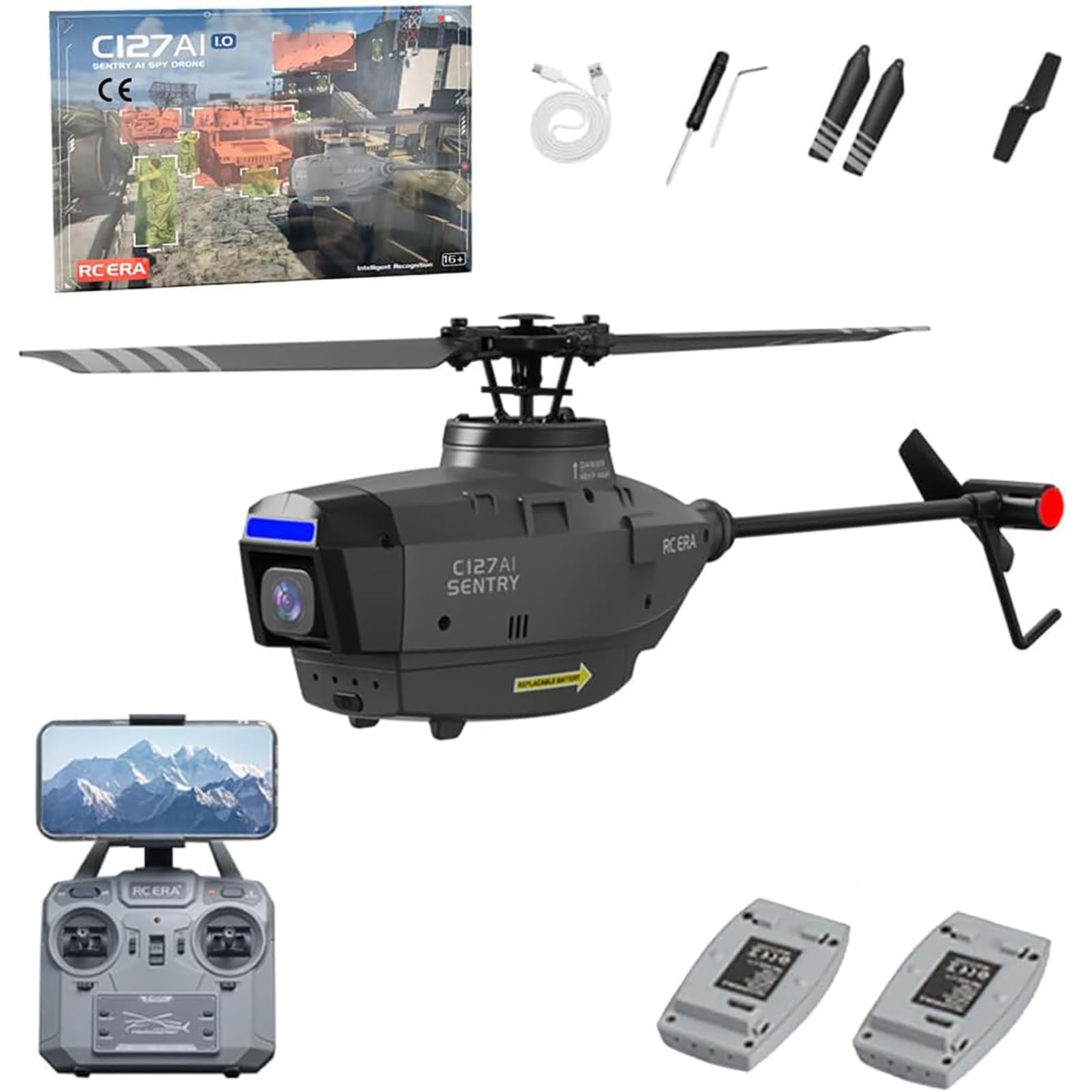 Helikopter RC z kamerą 1080P dla dorosłych, C127AI 4CH 2.4G Jednosilnikowy bezszczotkowy helikopter zdalnie sterowany z 6-osiowym żyroskopem z optycznym pozycjonowaniem przepływu - RTF,2 Battery