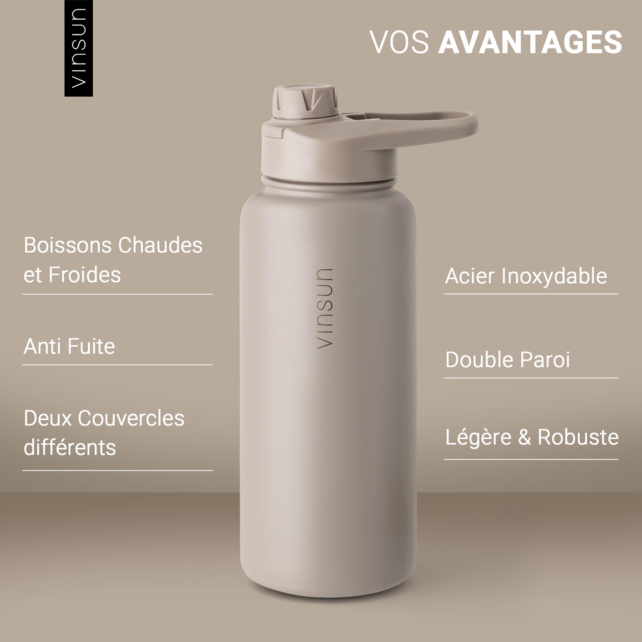 Vinsun Gourde Isotherme 1l - Anti-fuite, sans BPA, Reutilisable - Gourde Inox avec Paille et Ouverture pour Boire - Bouteille Isotherme Sport, École
