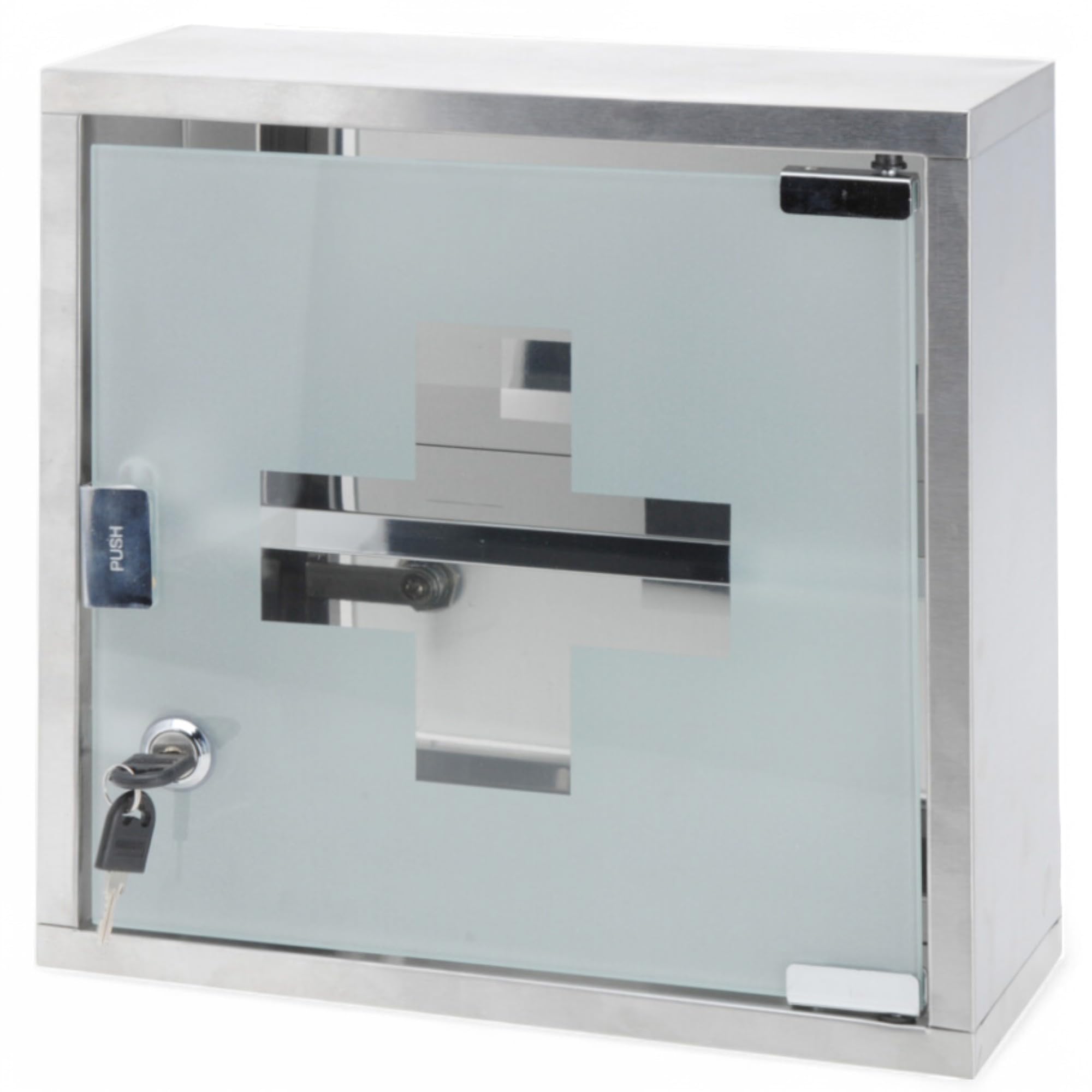 MIJOMA Armoire à pharmacie en métal, verrouillable, avec porte en verre et étagères de rangement, serrure de sécurité, 2 clés, armoire à pharmacie pour premiers secours, sécurité enfant, montage