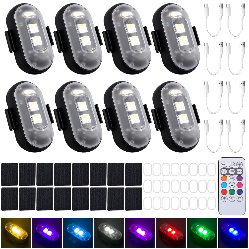 8 PCS LED Drone Strobe Lights, SGZIOO Wireless Led Lights for Drone with Remote Control, 8 Colors, USB Charging, Anti-Collision Drone Strobe Light, Waterproof Mini Led Lights for Drone