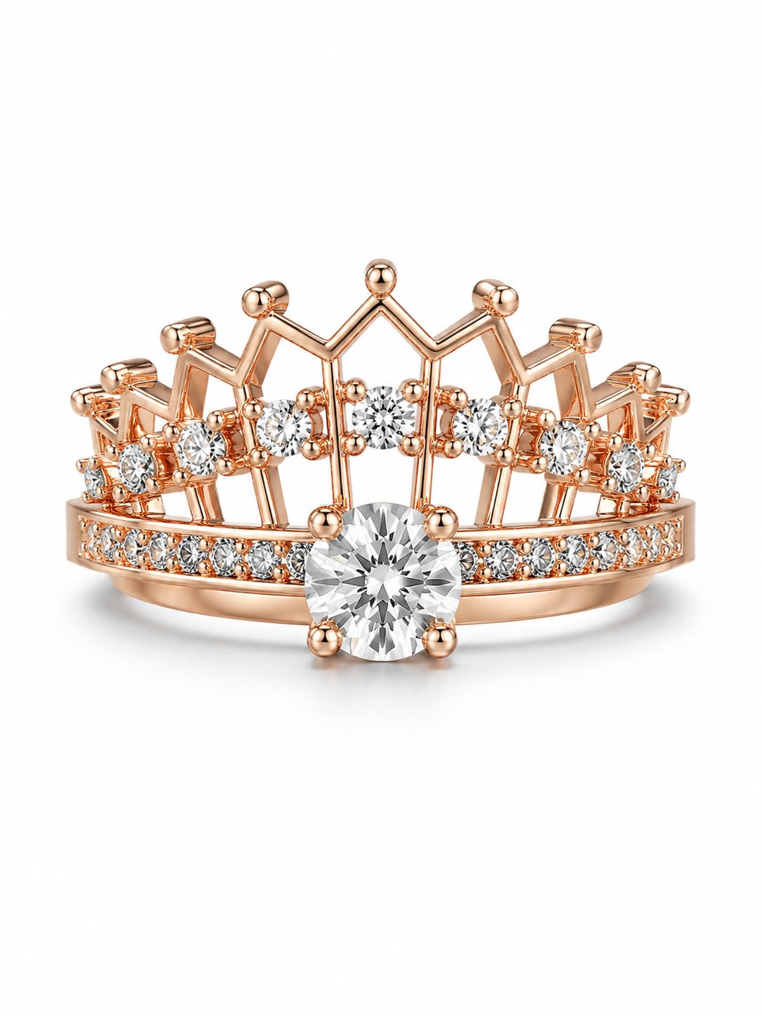 Rose Gold Crown Design Adjustable Finger Ring for Women, Cubic Zirconia Studded Statement Fashion Ring for Girls & Ladies-image-6