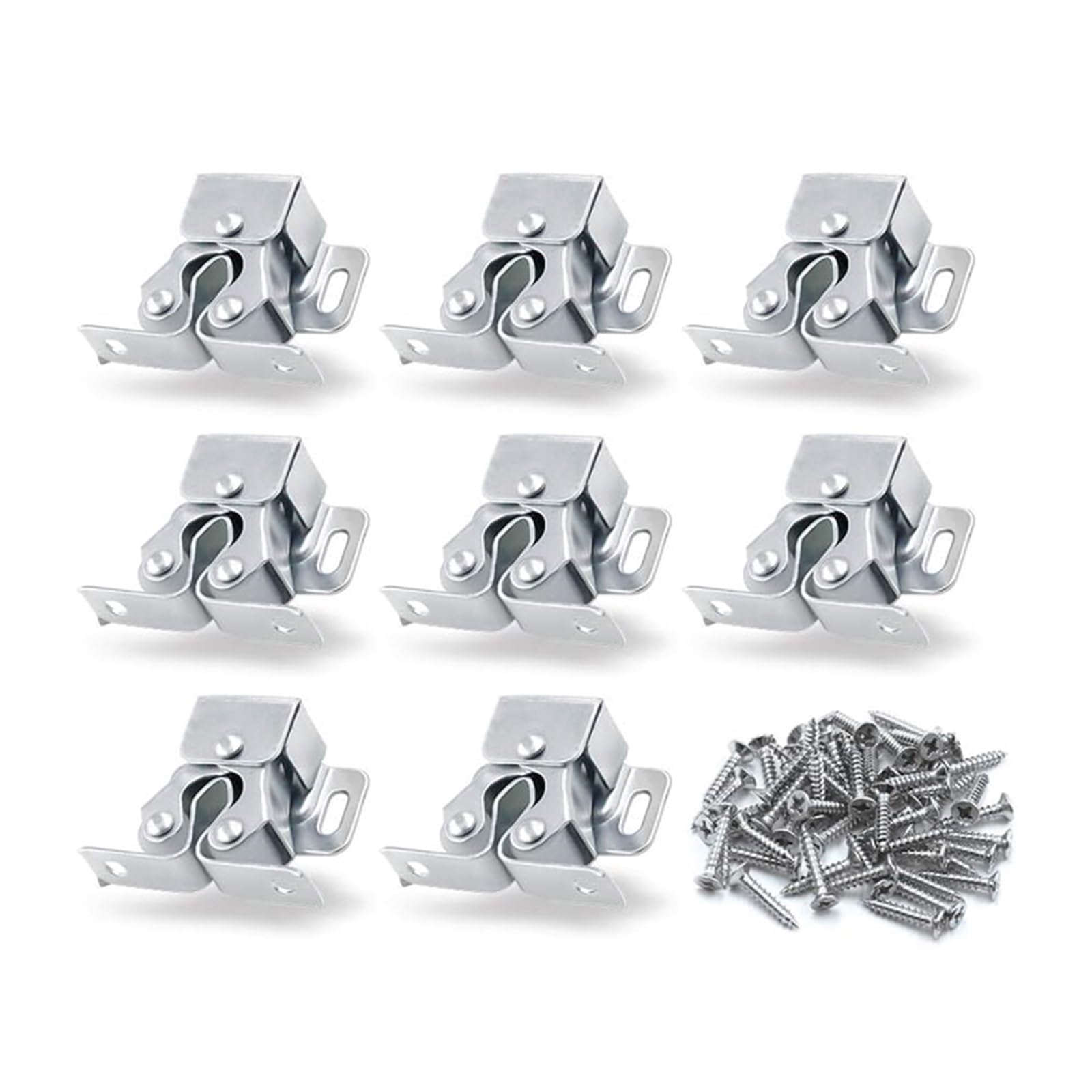 8 Pcs, Double Roller Catch Cabinet Latches with Spear Strike for Cupboard Closet Door, Silver for Furniture