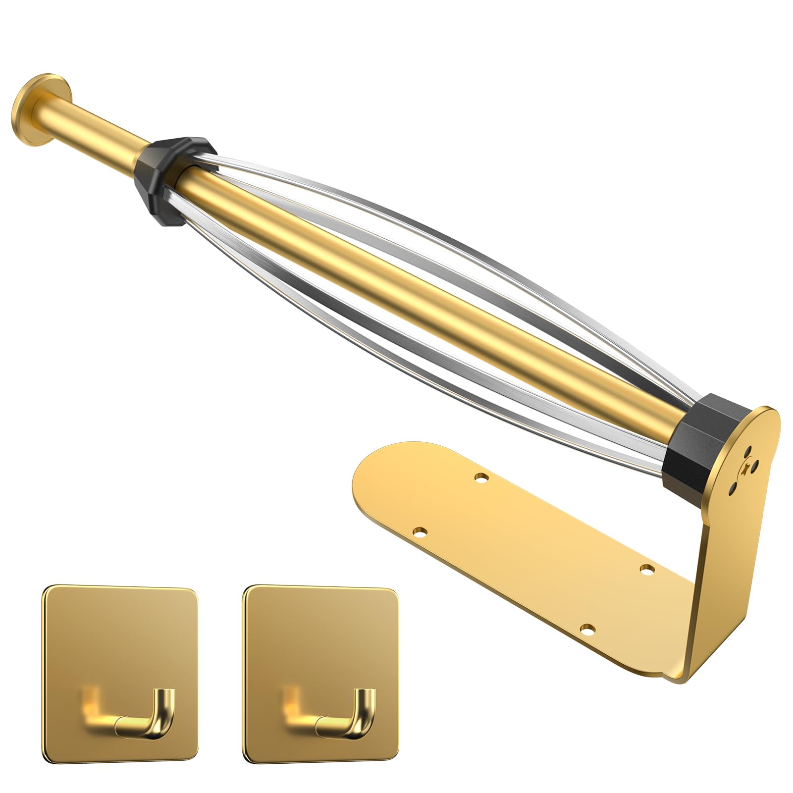 Paper Towel Holder Under Cabinet with 2 Hooks, Paper Towel Holder Wall Mount with Damping Effect, Self-Adhesive or Drilled Paper Roll Holders for Kitchen, Bathroom, RV(Gold)