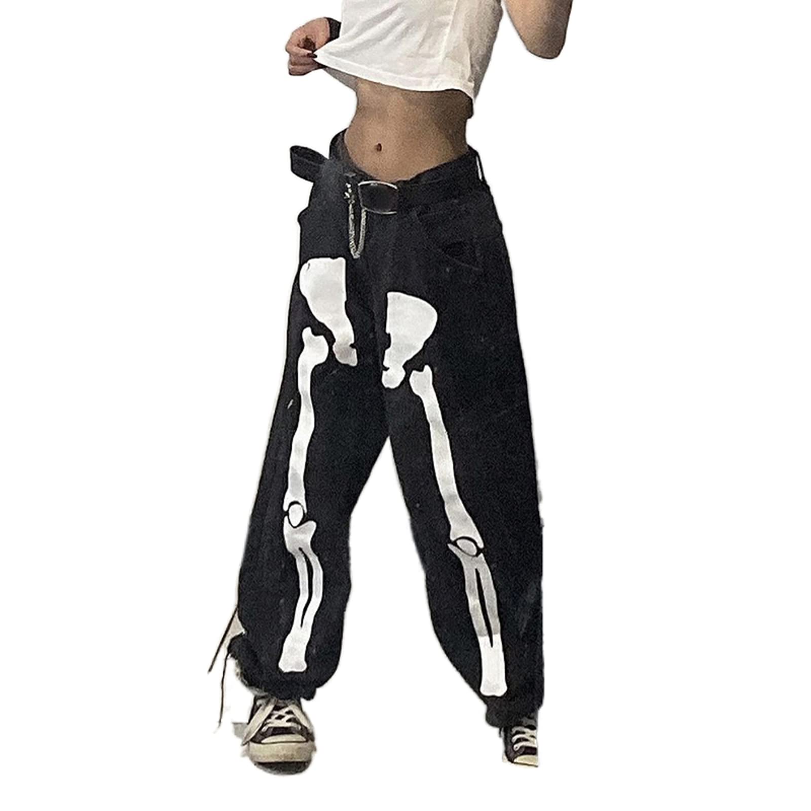 MayberWomen's Y2k Aesthetic Baggy Jeans Halloween Skeleton Print High Waist Denim Trousers Relaxed Fit Straight Wide Leg Streetwear, black, M