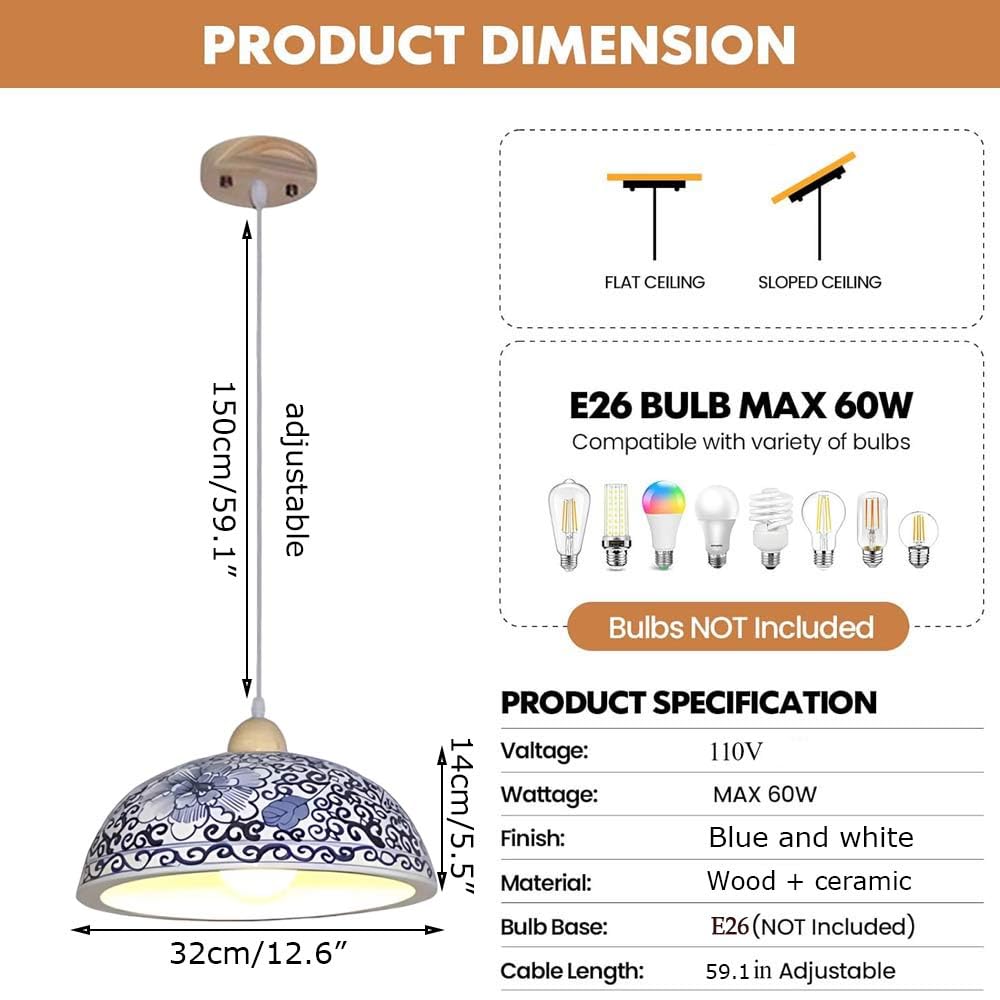 10,2/12,6-Calowa Chińska Klasyczna Ceramiczna Wisząca Z Kopułą, Chińskie Niebieskie I Białe Porcelanowe Lampy Wiszące, Duża Wisząca Do Domu, Sypialni, Jadalni, Sufitu/32 Cm
