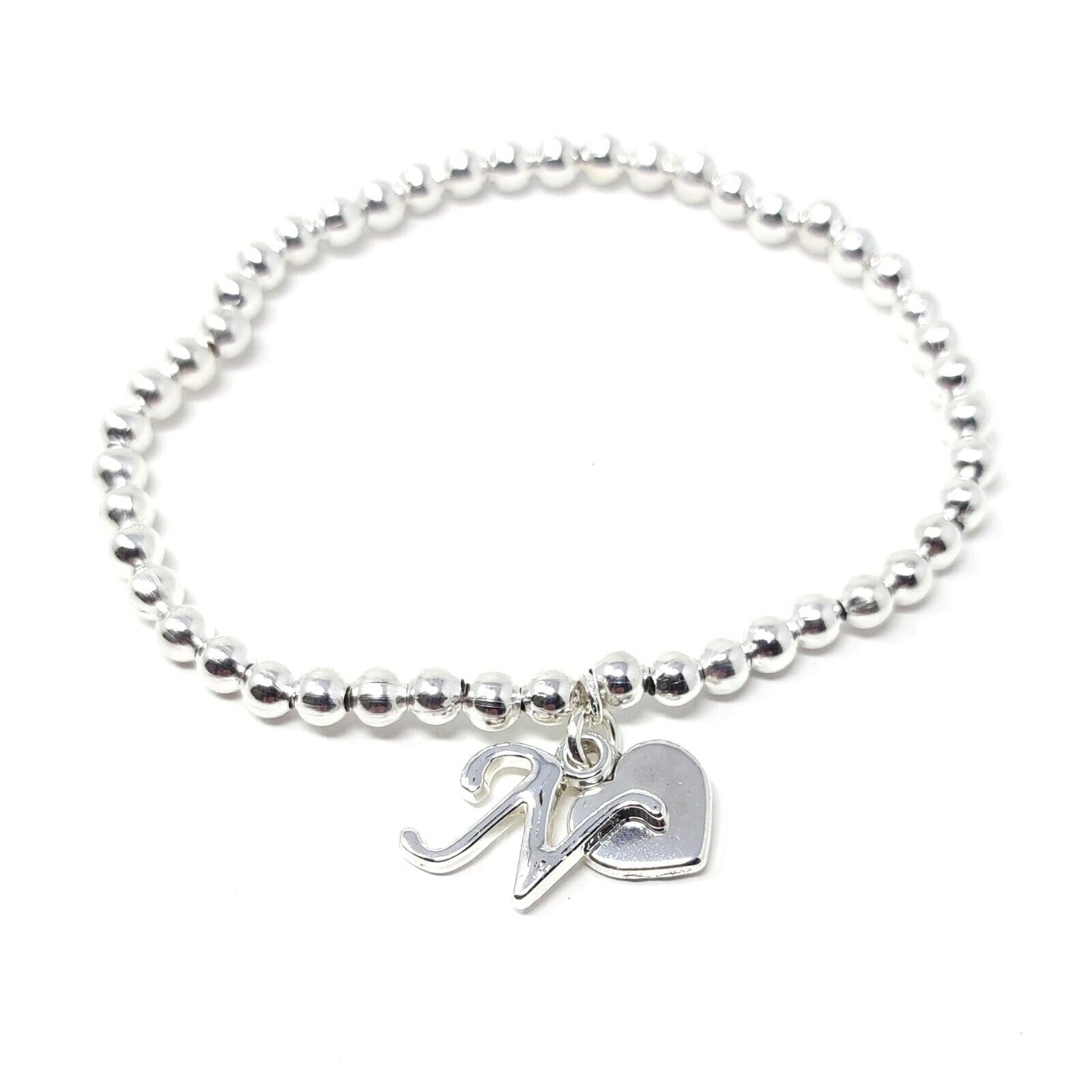 Personalised Women's Girls Heart And Letter Charm Silver Bead Stretch Bracelet