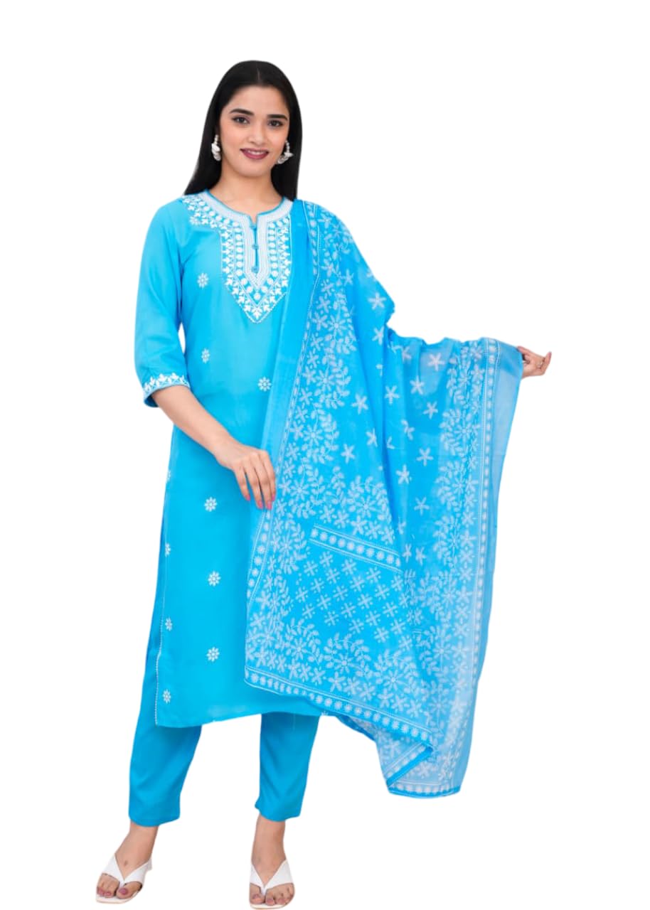 lavanya kurti Women’s Rayon Kurti Pant Dupatta Set | Sky Blue Printed Ethnic Kurta Set for Women | 3 Piece Suit Set with Dupatta | Soft & Comfortable | Sizes S to 7XL-picture-51