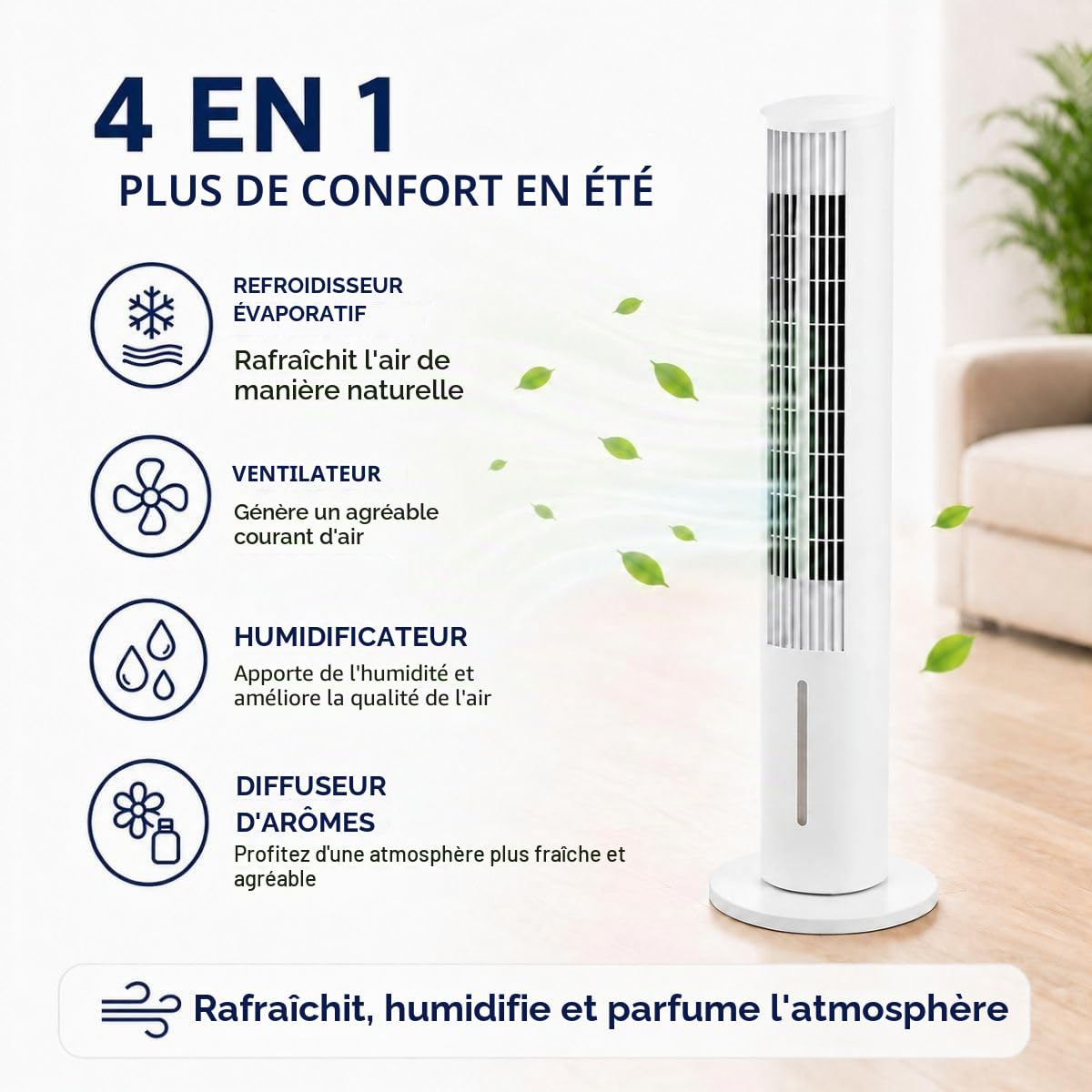 InnovaGoods Refroidisseur d'évaporation portable Tour 4 en 1 Ventilateur Humidificateur Diffuseur d'arômes Télécommande 3.5L 3 Vitesses Minuterie Oscillation 45° Silencieux <46dB
