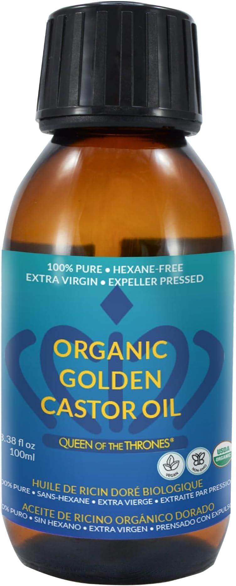 QUEEN OF THE THRONES Organic Golden Castor Oil 3.38 oz (100 ml) | 100% Pure, Certified Organic, Hexane-Free, Extra Virgin | Moisturizing & Conditioning Oil for Skin, Hair & Nails