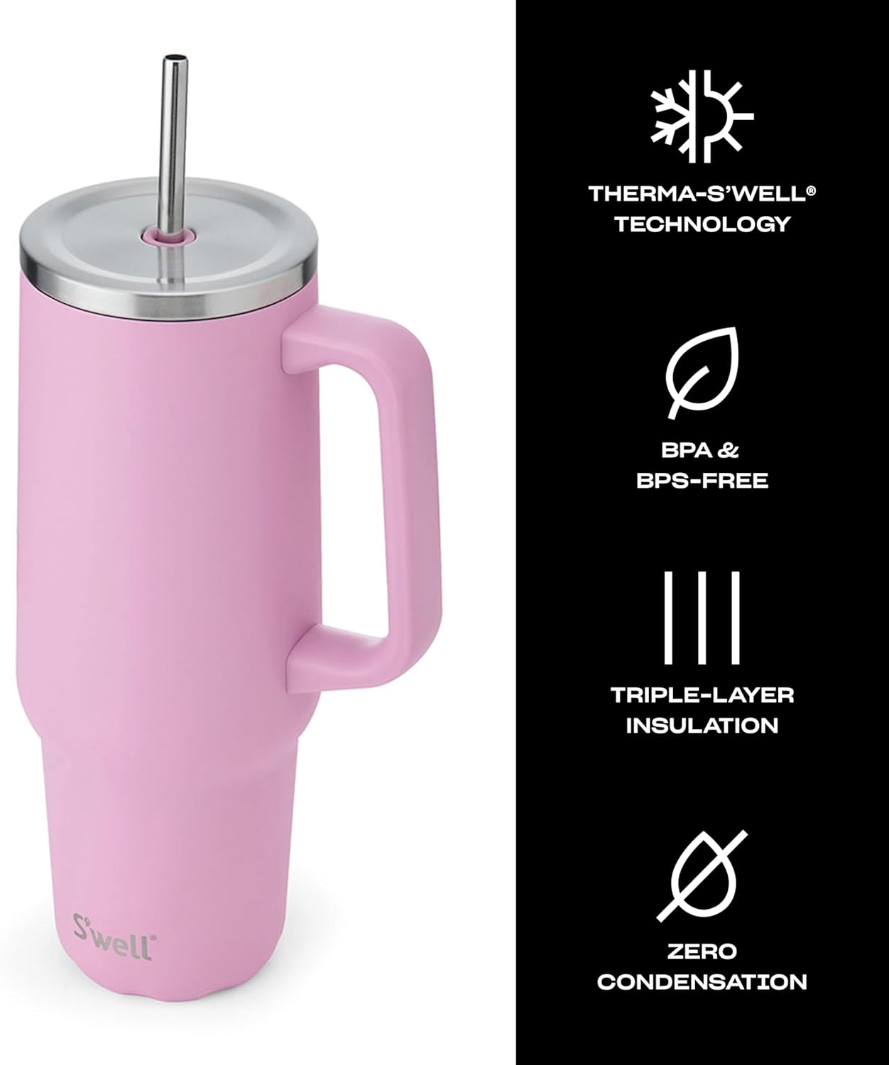 S'well Recycled Stainless Steel Tumbler XL with Straw and Handle, 40oz, Hydrangea Pink, Triple Layered Vacuum Insulated Containers Keeps Drinks Cold for 50 hours and Hot for 10 - Image 3