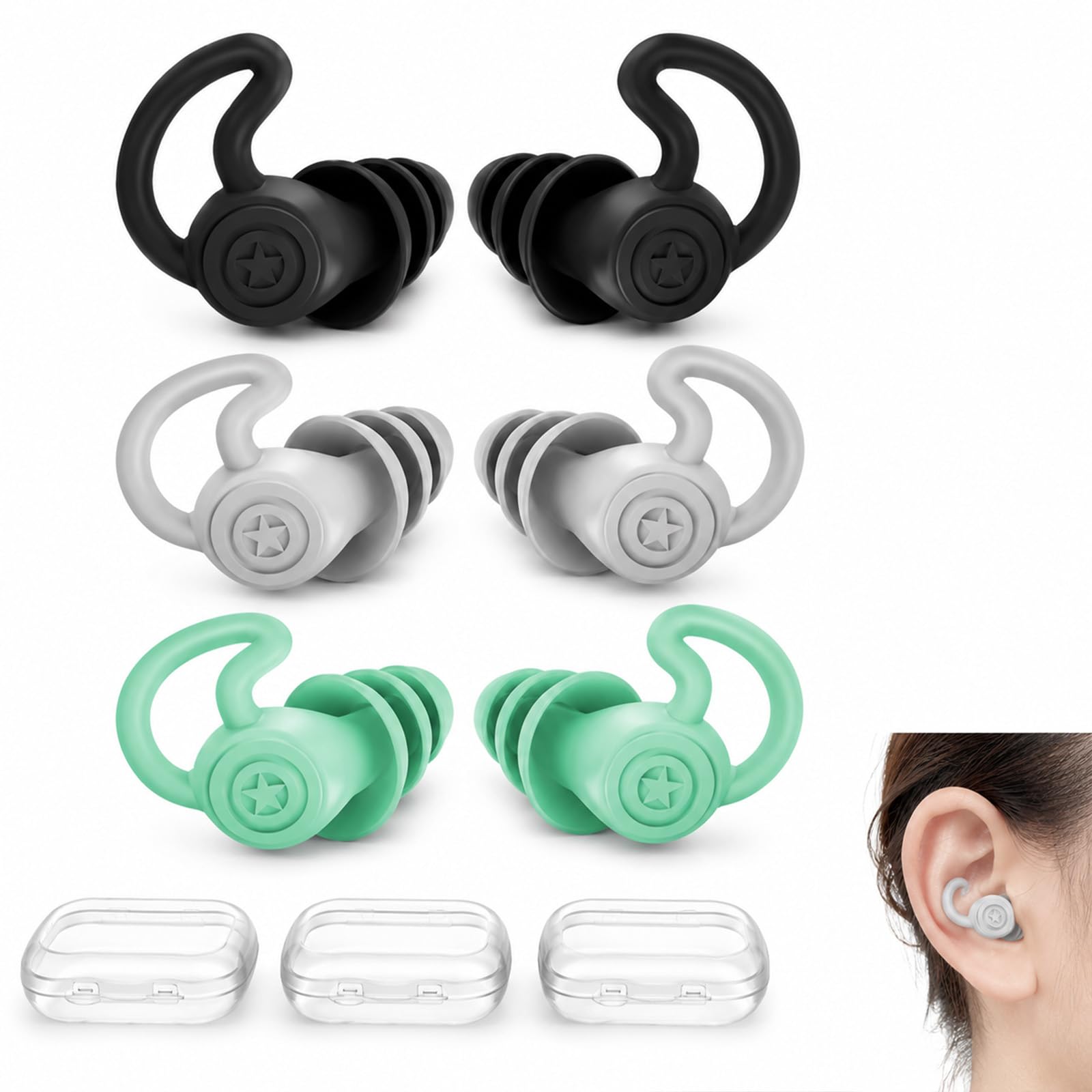 Waterproof Silicone Ear Plugs 3 Pairs 4-Layer Reusable Swimming Showering