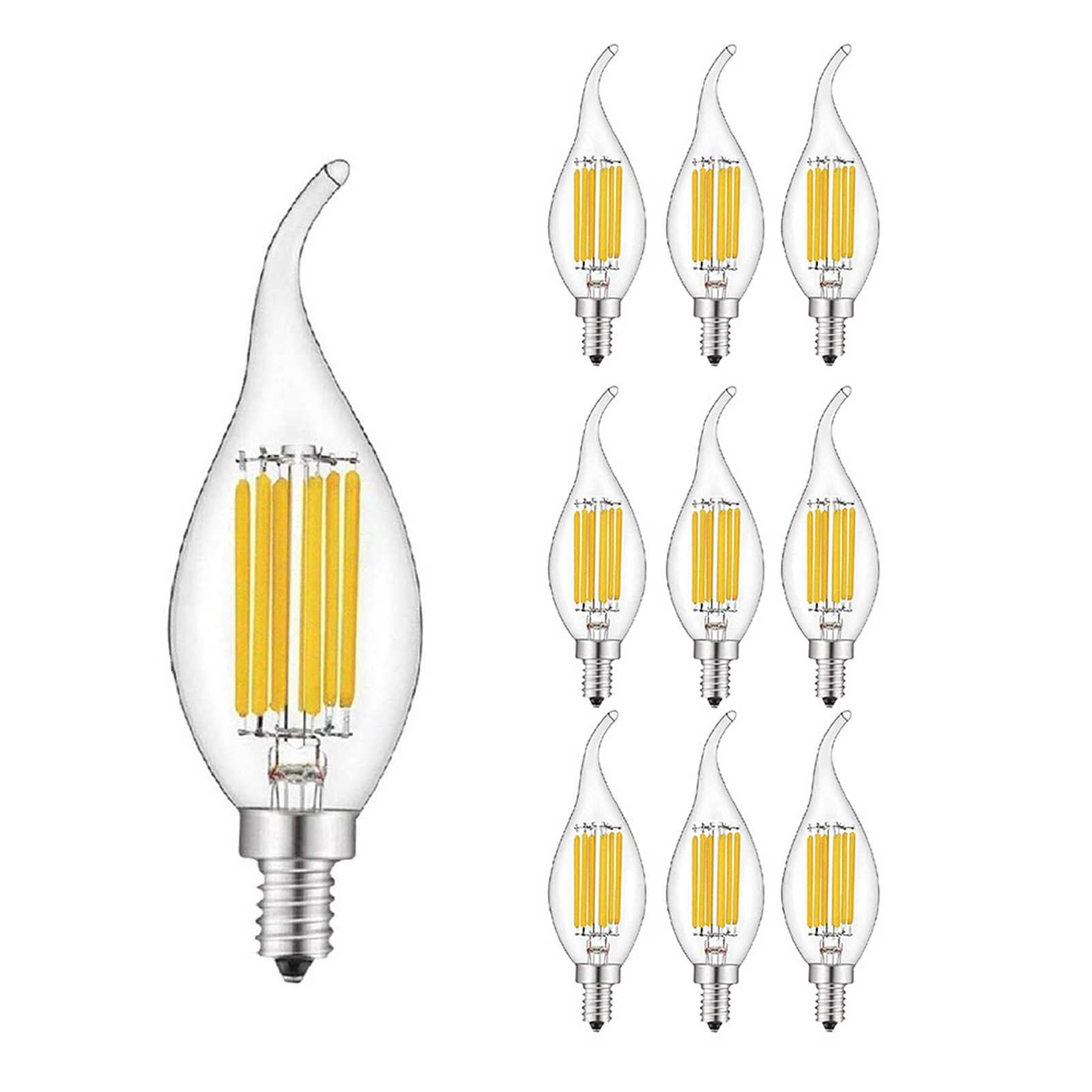 E12 Bombilla LED para candelabro 6 W regulable, equivalente a 60 W bombillas LED 2700 K blanco cálido 600 lúmenes punta de llama bombilla de araña de filamento LED base de candelabro E12 paquete de 10