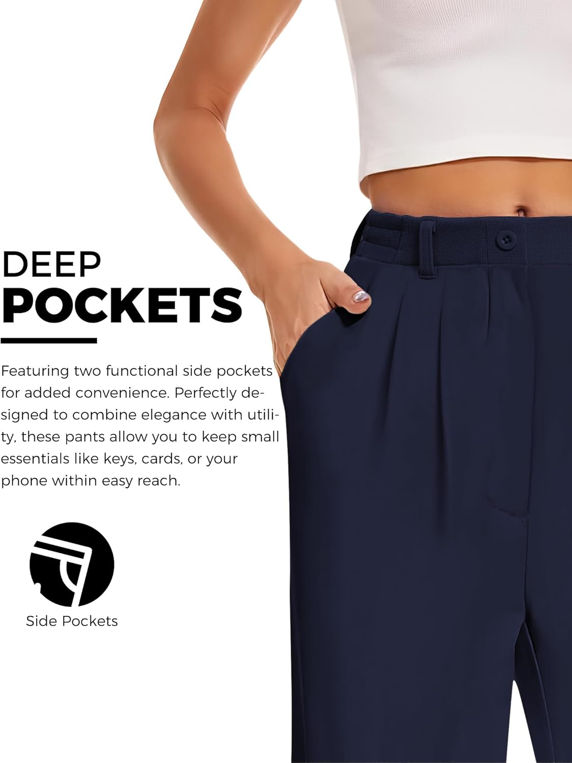 Buauty Womens Wide Leg Pants High Stretchy Waisted Dress Pants Business Casual Work Trousers Dressy Outfits with Pockets Navy Blue - Image 5