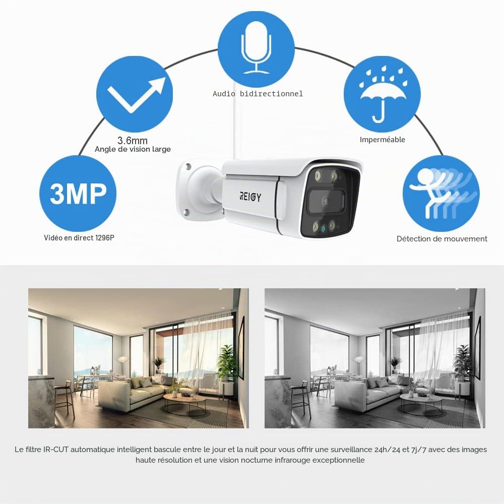 REIGY 3MP Système Surveillance WiFi Exterieure avec Spotlight, Kit Camera Videosurveillance 10CH 5MP NVR + 4X 1296P Camera, Audio Bidirectionnel Vision Nocturne Colorée Imperméable sans HDD