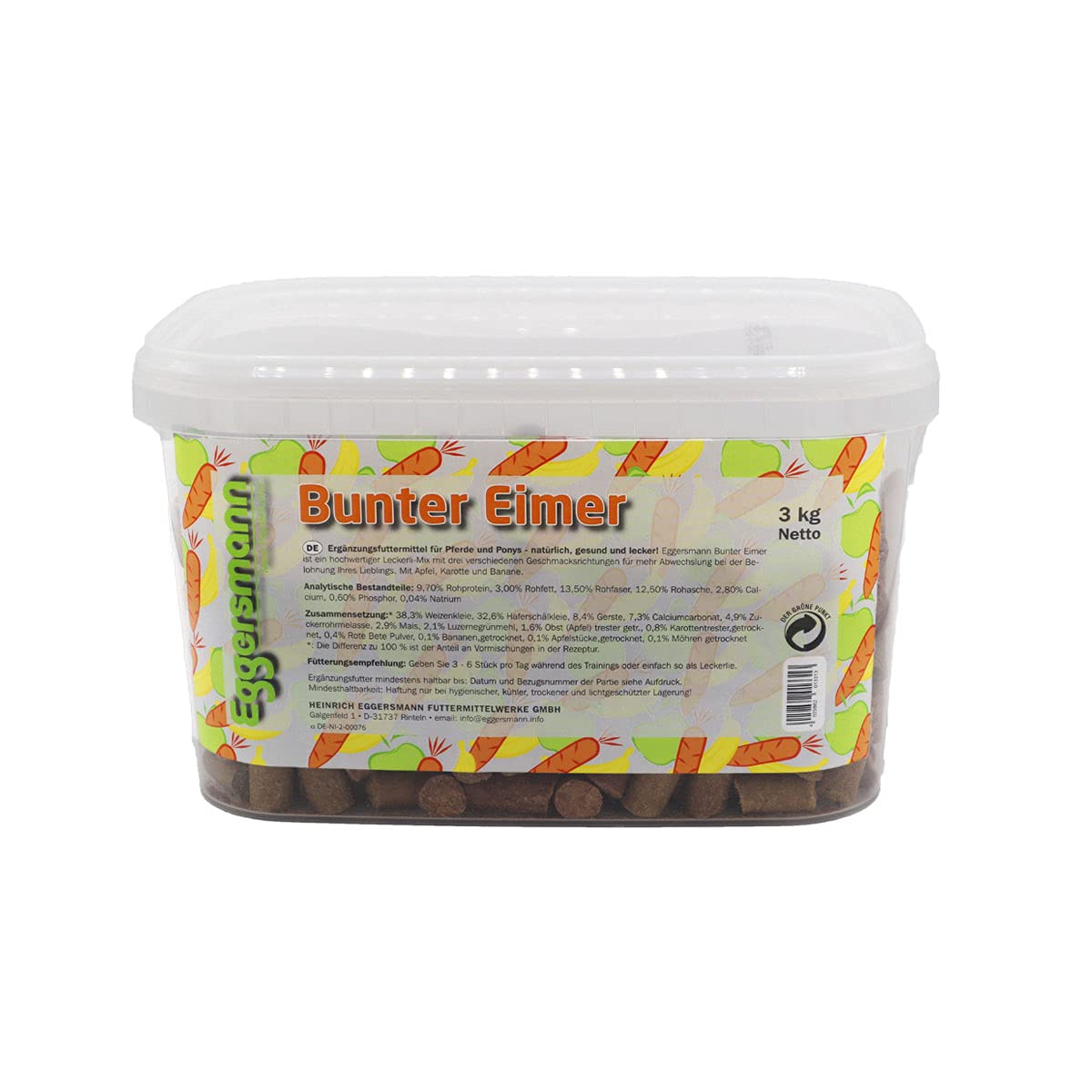 Eggersmann - Cubo de recompensa para caballos, Regalos de Caballos, Manzana, Plátano, Zanahoria, Cubo de 3 kg