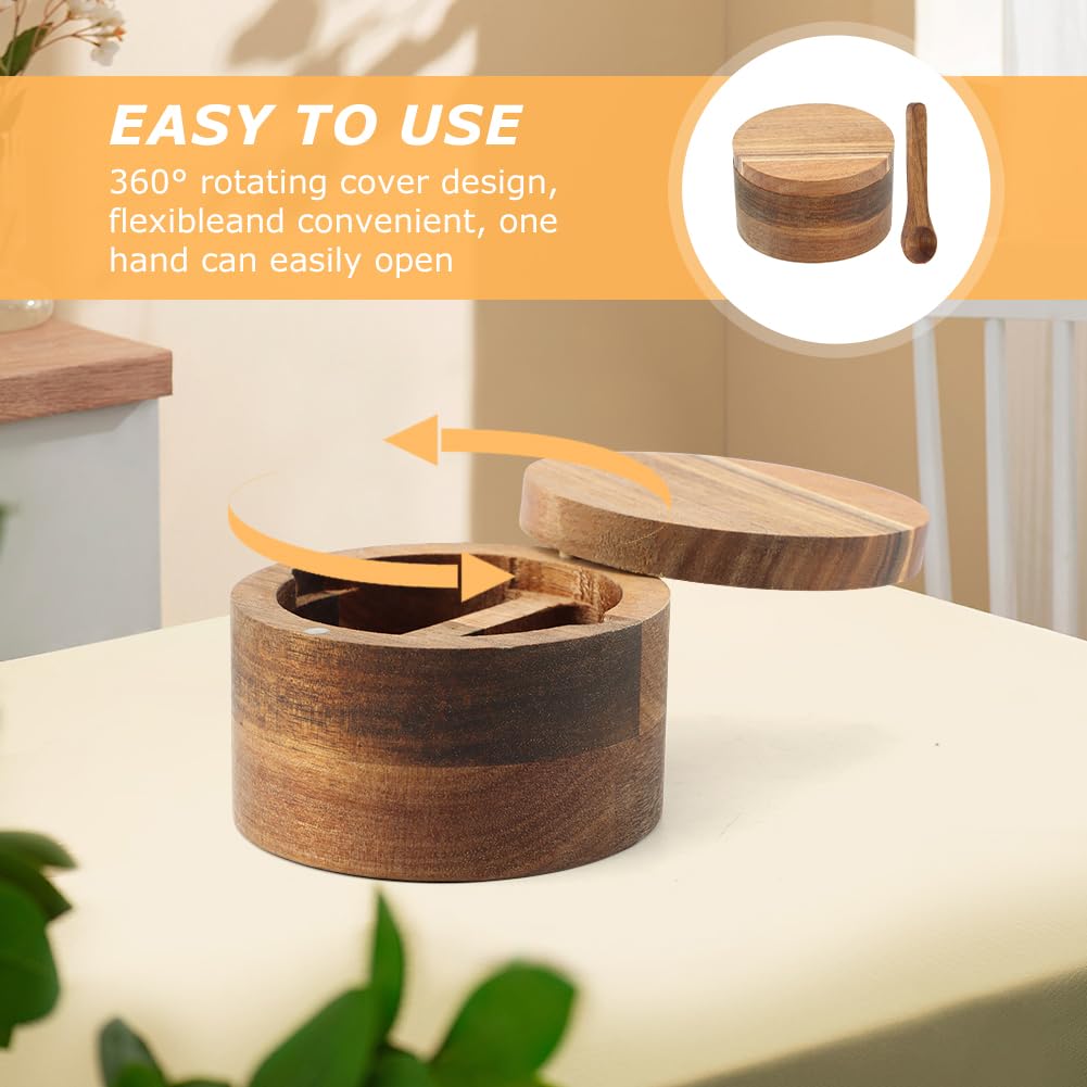 Cuenco de madera para sal y pimienta, con tapa giratoria y cuchara, contenedor redondo para sal y especias