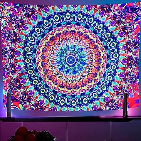 OSVINO Blacklight Colorful Mandala Tapestry 90"x70" Kaleidoscopic Trippy Room Decor Black Light Poster Bohemian Wall Decor for Bedroom Backdrop Decor Cover