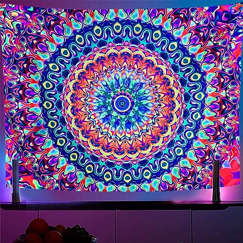 OSVINO Lumière noire Tapisserie Coloré Mandalas 230x180CM Kaléidoscopique Trippant Décor de la chambre Lumière noire Poster Hippie Tapisserie Chambre...
