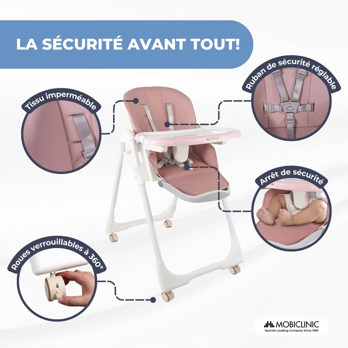 Mobiclinic® kids, Chaise haute, Évolutive, Extra pliable, Convertible en, Simba, Harnais 5 points, Roues avec freins, Double plateau amovible, Tissu lavable et, Réglable