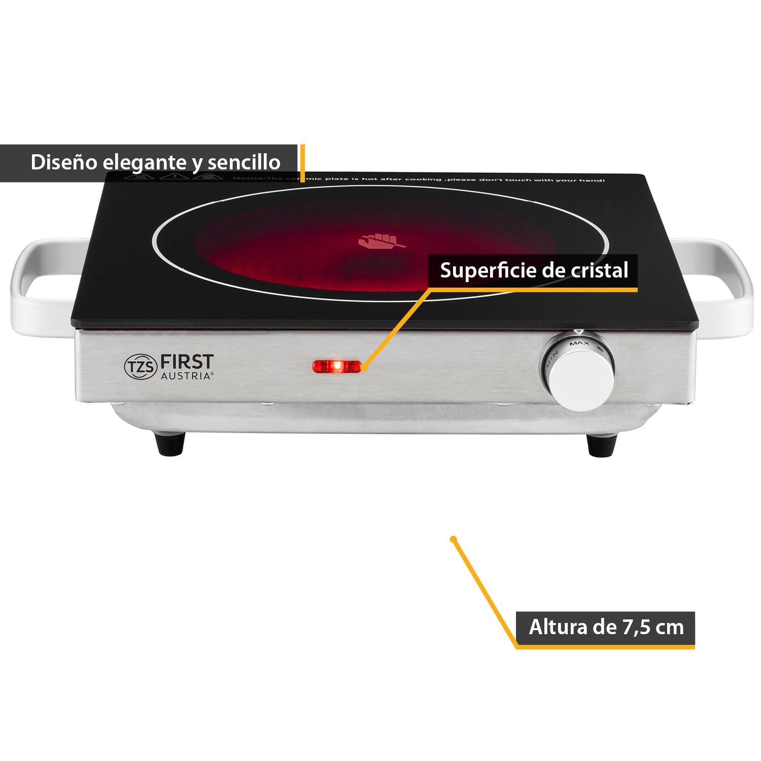 TZS First Austria placa vitrocerámica infrarrojos | Compatible con todo tipo de ollas | Placa 17,5 cm | Calentamiento rápido, regulación continua, luz indicadora | Camping, mudanza, apartamento