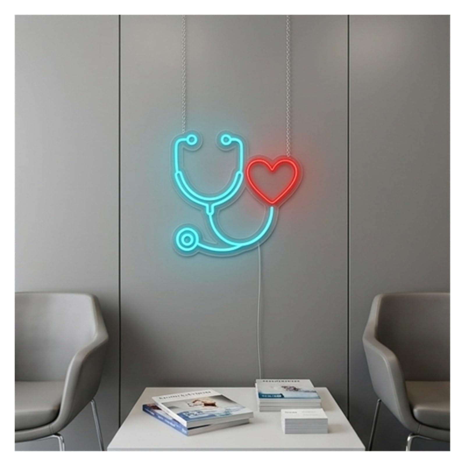 Wiszące neony artystyczne Neon Stetoskop, Lampa, Dekoracja Apteki, Szpitala, Kliniki, Gabinetu Lekarskiego, Pediatry 40x38.7cm