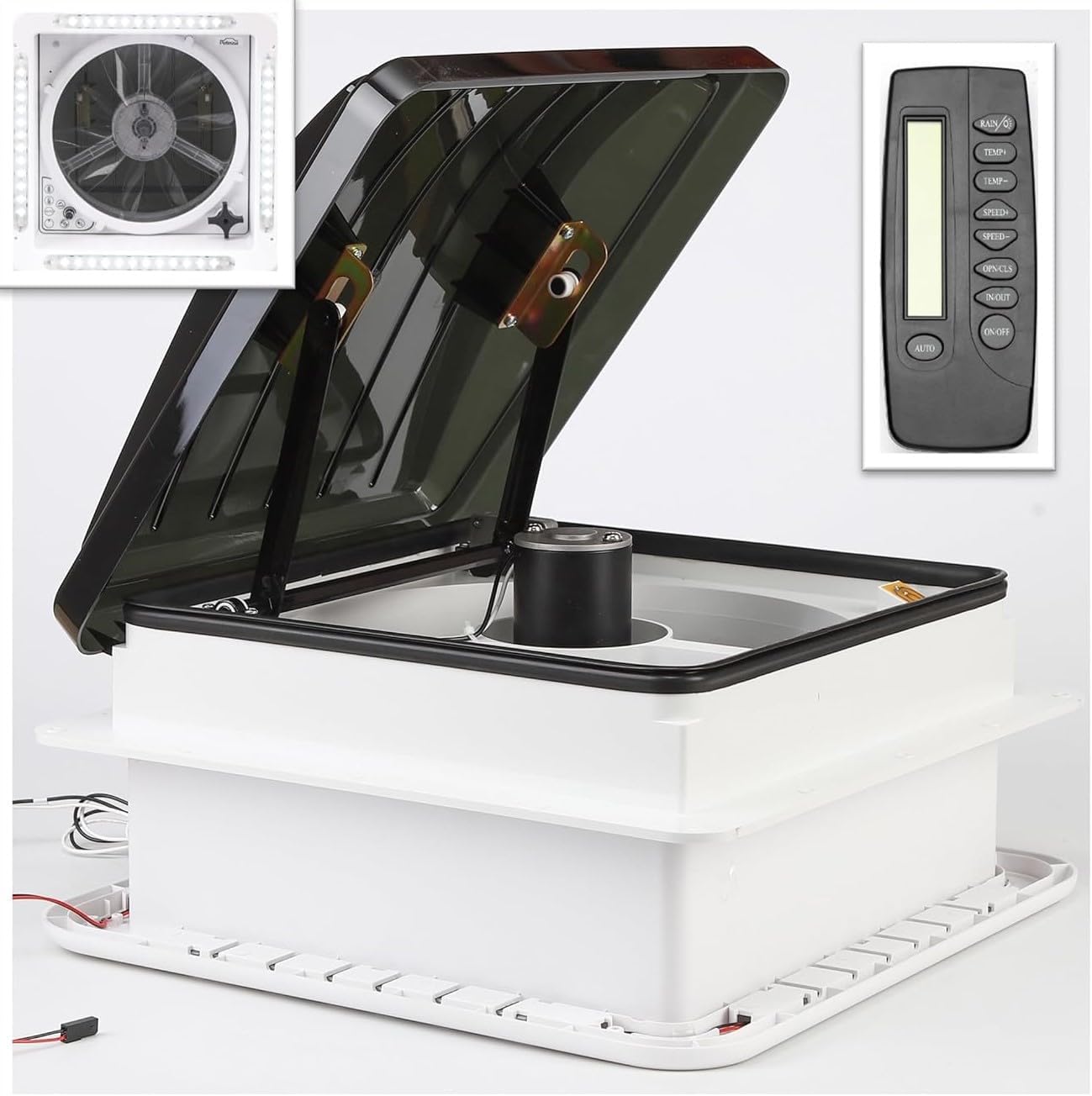 USA RV Roof Vent with Fan 12-Volt - 14"x14" - Sensors for Temperature and Rain Detection - Remote Control Included - with LED Light Trim Shroud - Brown Dome