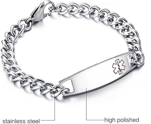 Miniatura 2 de DIB Grabado Grabado de Acero Inoxidable de Alerta Médica Pulsera de Identificación Mujeres Hombres Plata Cadena de Enlace de Pulsera 7.5 in  8.5 in