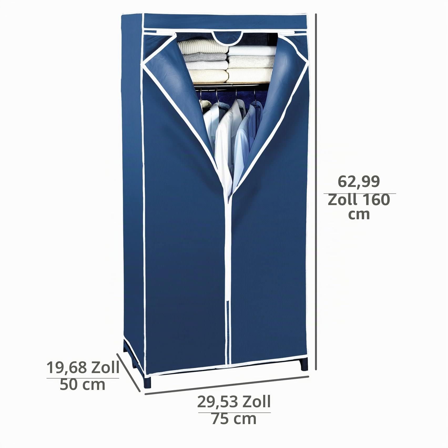 WENKO Kleiderschrank Blu, praktischer Stoffschrank mit Kleiderstange und Ablage zur schonenden Aufbewahrung von Textilien, stabiles Metallgestell und Bezug aus Vlies-Stoff (PP), 75 x 160 x 50 cm, Blau
