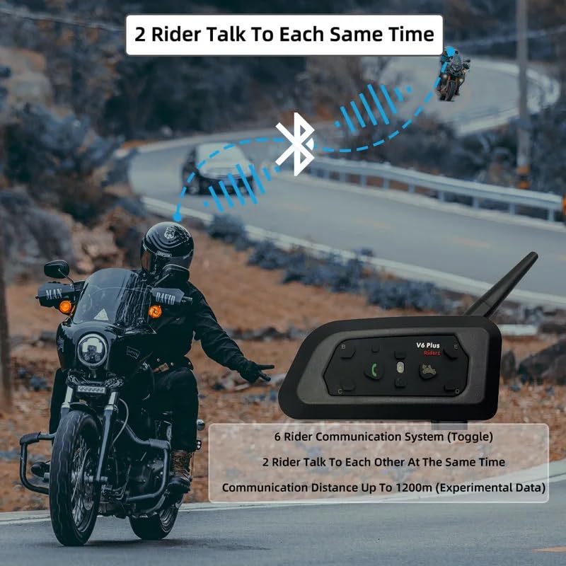 Image of V6 Plus Bluetooth Motorcycle Helmet Intercom Headset - 1500M Wireless Range, Connect 6 Riders, Waterproof, Noise Cancellation & On-Ear Motorbike (V6 Headset-1)