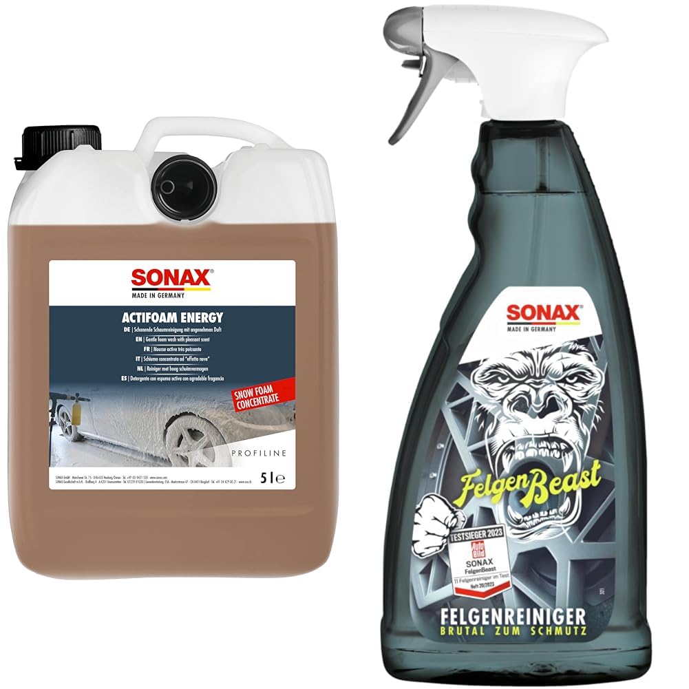SONAX PROFILINE ActiFoam Energy (5 Liter) & FelgenBeast (1 Liter) Felgenreiniger für alle polierten, verchromten und matten Stahl- & Leichtmetallfelgen | Art-Nr. 04333000