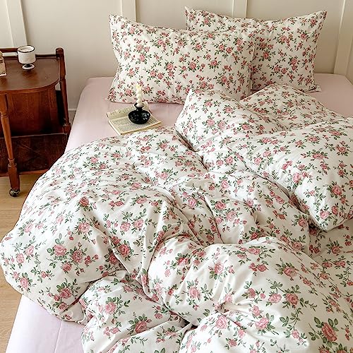 VM VOUGEMARKET Peach Pink Flower Duvet Cover Set Twin Cotton Girl's Blossom Comfoter Cover with Zipper Closure,Cottagecore Bedding Set-68"x86"