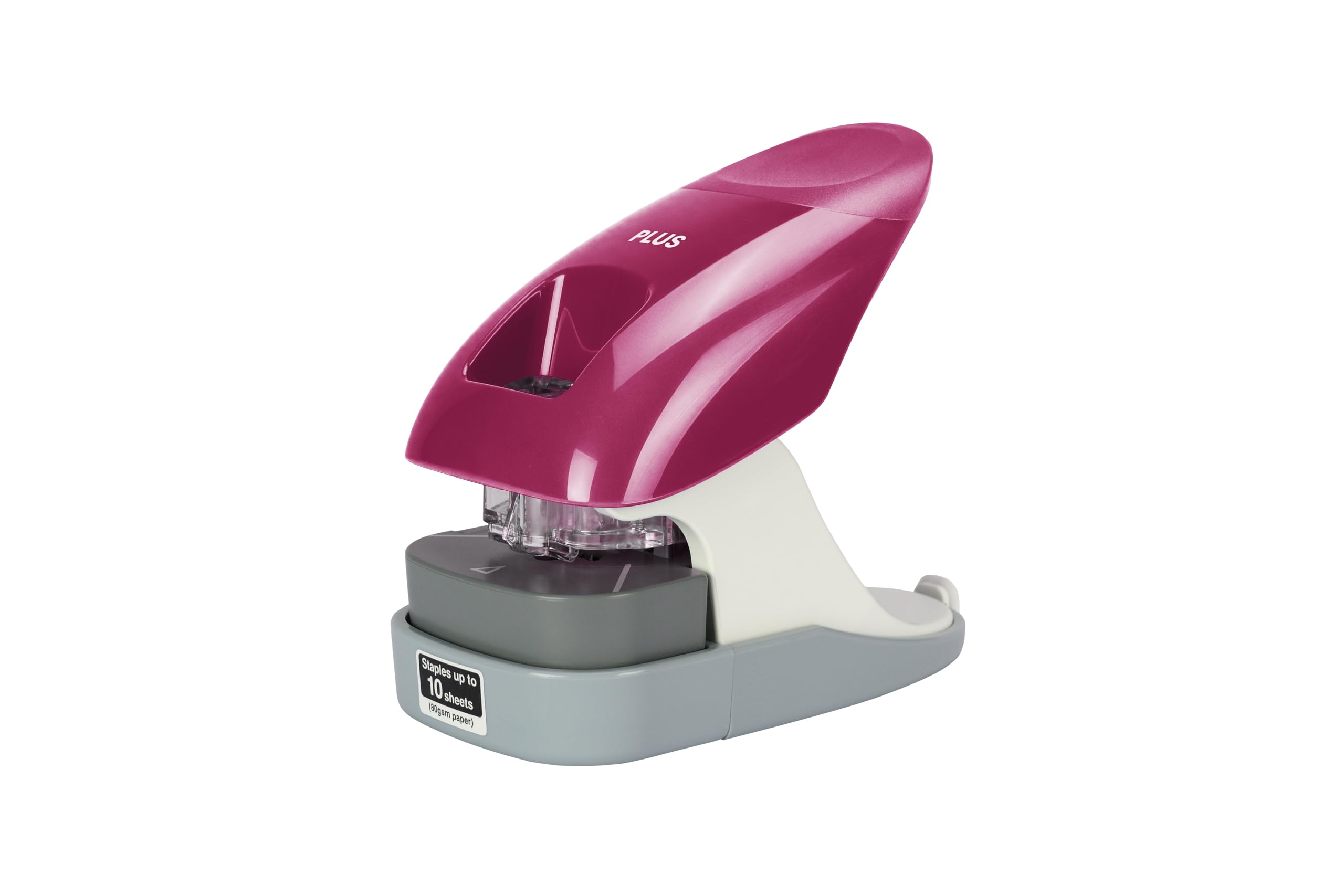 PLUS, Staple-Less Stapler Desk Model, stapling Capacity 10 Sheets, with Stop Rail, stapling and Hole Function, Wine red