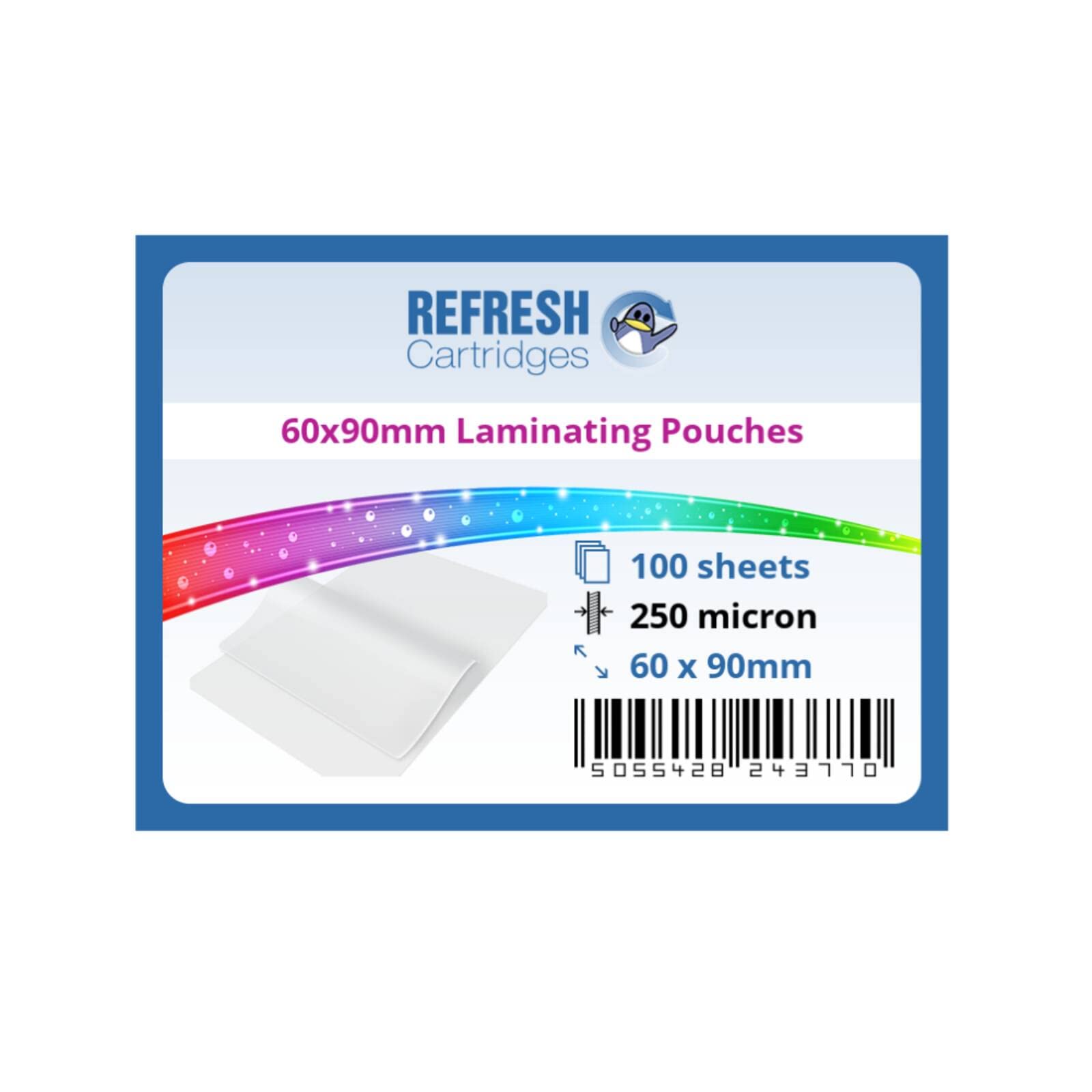 Refresh Cartridges - Laminating Pouches 60x90mm 250 Micron Pack of 100 Sheets