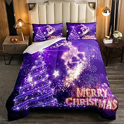 jejeloiu Christmas Bedding Set Christmas Tree Deer Print Comforter Xmas Holiday Comforter Set Lightweight Quilted Duvet Set 1 Comforter with 2 Pillowcases Queen Purple Cover