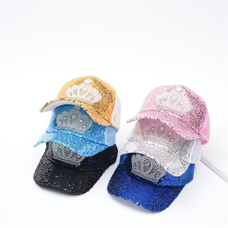 Sparkling Princess Hat Crown Sequin Mesh Baseball Cap Breathable and Adjustable Summer Sun Hat for Outdoor Play and Sun Protection Royal Blue4