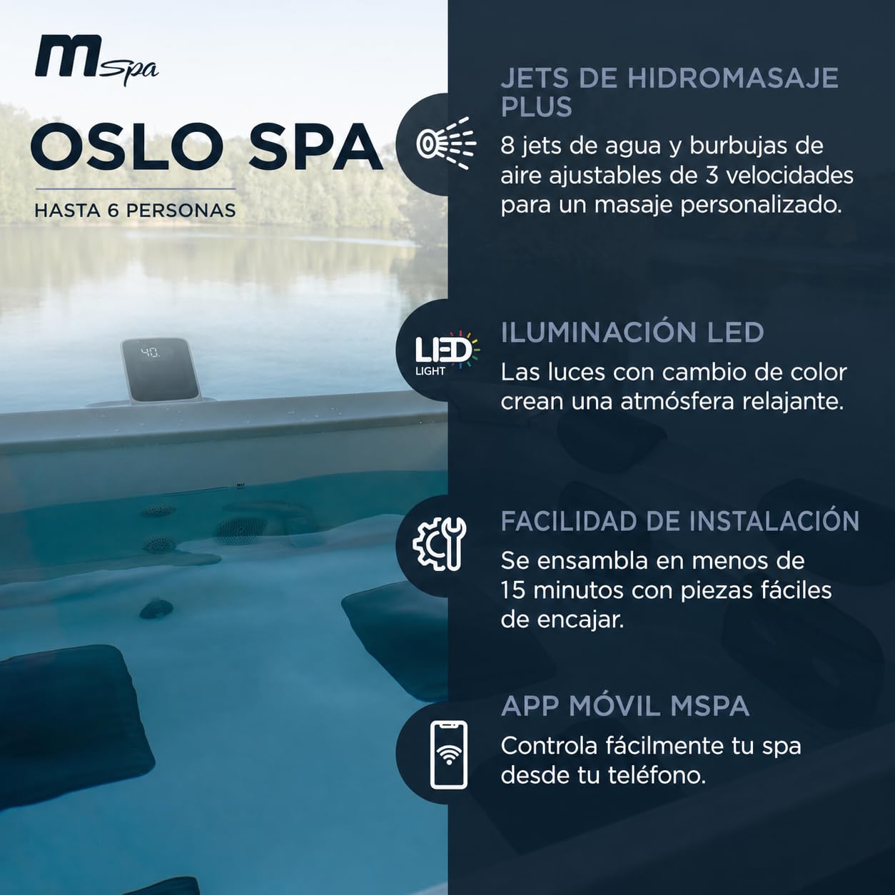 MSpa Oslo SPA rígido Cuadrado 4-6 Personas con 120 chorros Aerojet, 8 Jets de Agua, LED, UVC+, ozono y Control Inteligente