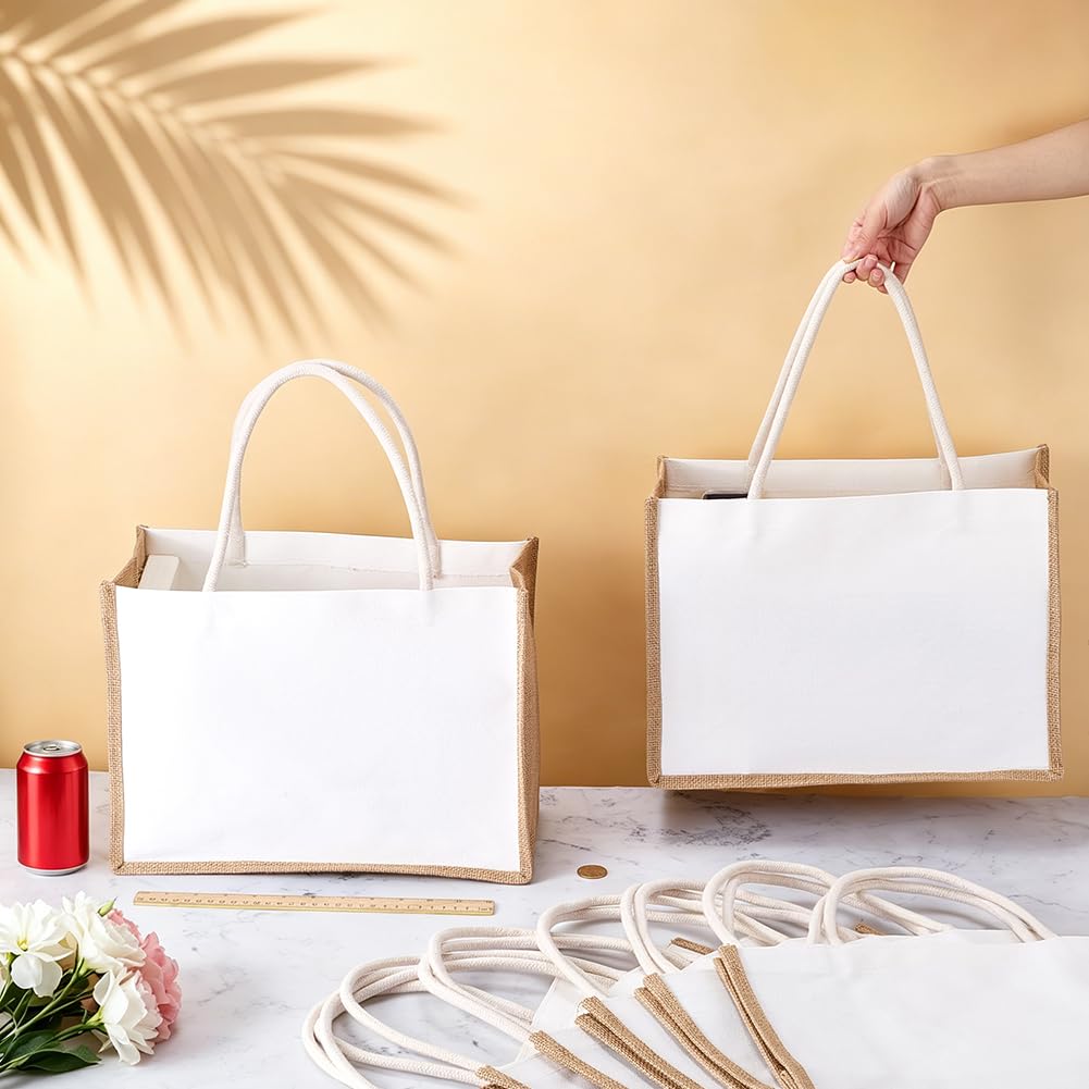 FINGERINSPIRE 12 Pz Borse Tote in Iuta Bianca 27.2x37x17cm Modello Rettangolare con Manici Versatili per Spesa Spiaggia Viaggio e Fai da te Idee Regalo per Matrimonio e Damigella d'onore