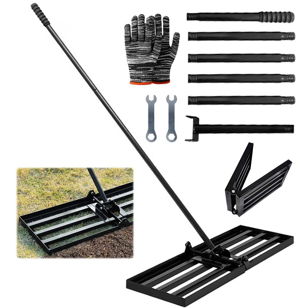 Rastrillo de nivelación de césped de 76 x 25 cm con tallo, rastrillo para nivelación de césped, placa plegable para césped, arena/tierra para campo de golf de jardín.