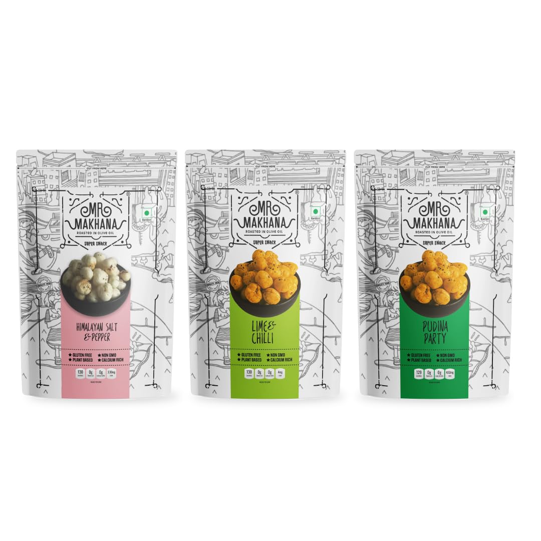 Mr. Makhana Roasted Makhana & Foxnuts : Himalayan Salt & Papper, Lime & Chilli, Pudina Party (Pack of 3x55 gm) | Gluten Free | MSG Free | Roasted in Olive Oil | Rich Calcium…